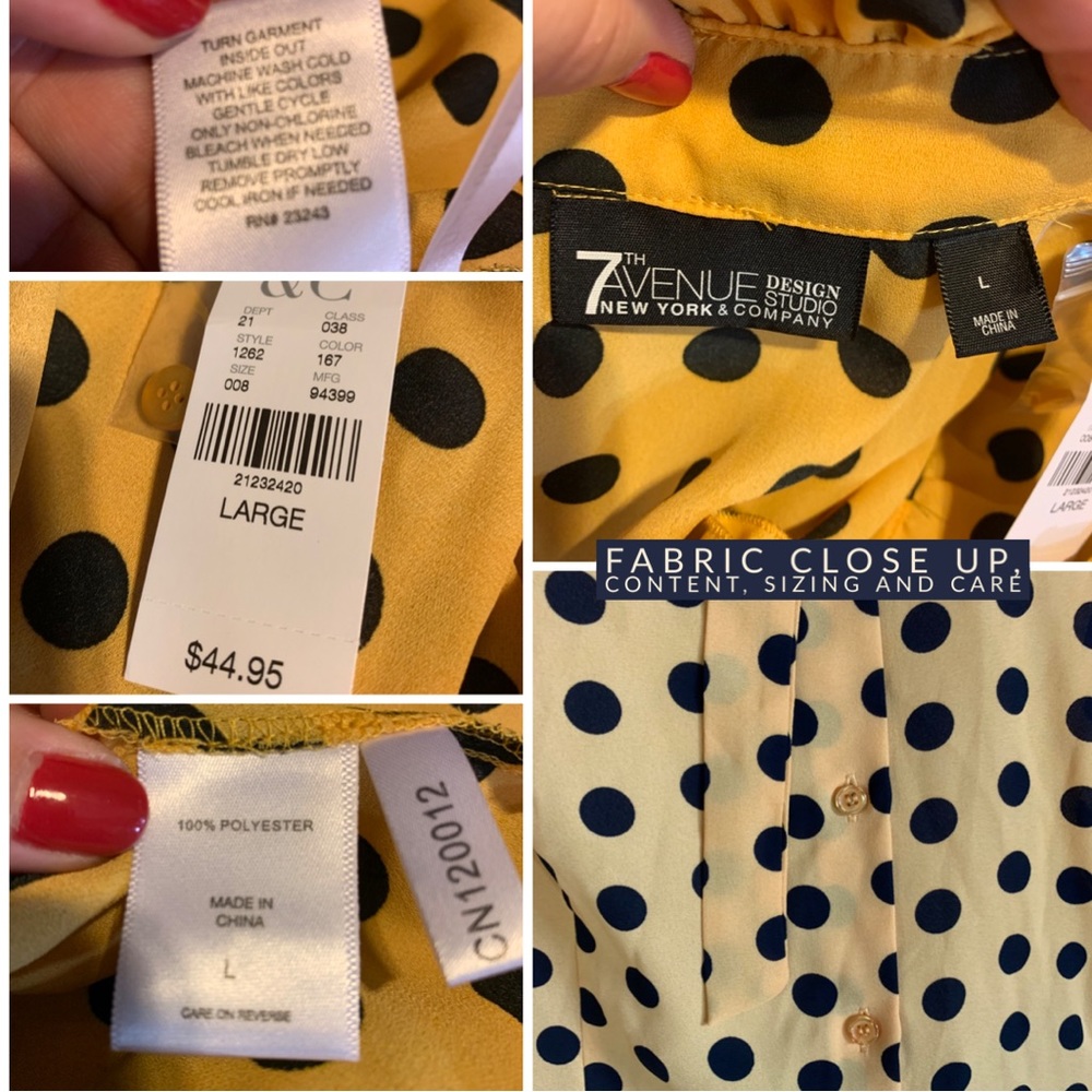 NEW YORK & COMPANY 7TH AVENUE DESIGN YELLOW & BLACK POLKA-DOT BLOUSE NWT (L) - Picture 10 of 12